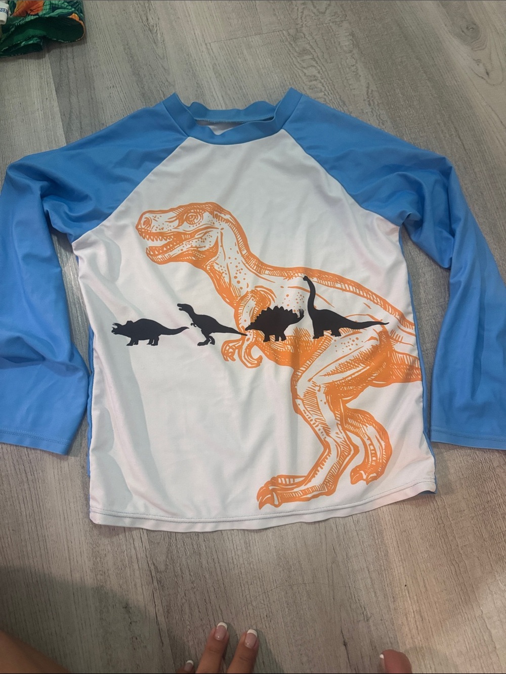 Kids Dino Graphic Rash Guard - Blue & White with Orange Print